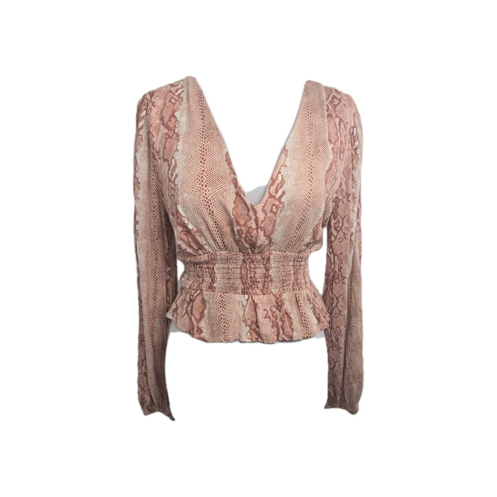 AFRM Women's Small‎ V-neck Smocked Long Sleeve Crop Top Blush Snake Print